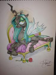 Size: 852x1136 | Tagged: safe, artist:andy price, queen chrysalis, changeling, changeling queen, g4, couch, crown, female, jewelry, regalia, solo, traditional art