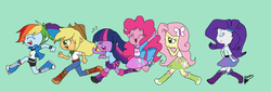 Size: 1024x347 | Tagged: dead source, safe, artist:blue-eyes-baka, applejack, fluttershy, pinkie pie, rainbow dash, rarity, twilight sparkle, alicorn, equestria girls, g4, chibi, humane five, humane six, mane six, simple background, teal background, twilight sparkle (alicorn)