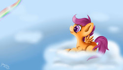 Size: 1600x914 | Tagged: safe, artist:yuukon, scootaloo, g4, cloud, cloudy, female, solo