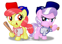 Size: 1024x740 | Tagged: safe, artist:aleximusprime, apple bloom, diamond tiara, earth pony, pony, g4, baseball, baseball bat, baseball cap, boston red sox, duo, duo female, female, filly, foal, hat, mlb, new york yankees, simple background, transparent background