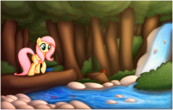 Size: 1298x830 | Tagged: safe, artist:ctb-36, fluttershy, g4, beautiful, ctb-36 is trying to murder us, cute, female, scenery, shyabetes, solo, water, waterfall, wings