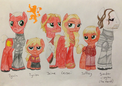 Size: 1024x730 | Tagged: safe, artist:qemma, :|, a song of ice and fire, annoyed, armor, beard, bedroom eyes, cersei lannister, clothes, dress, eye contact, facial hair, family photo, frown, game of thrones, glare, jaime lannister, jewelry, joffrey baratheon, lidded eyes, looking at each other, necklace, ponified, raised hoof, sandor clegane, smiling, smirk, the hound, traditional art, tyrion lannister, tywin lannister, unamused