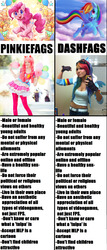 Size: 1230x2869 | Tagged: safe, pinkie pie, rainbow dash, g4, /mlp/, 4chan, comparison, comparison trolling, cosplay, fan, jessica nigri, op is trying to start shit, ponyfags