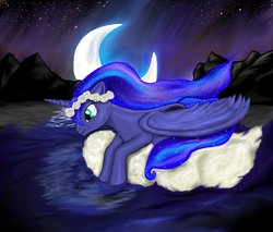 Size: 1024x874 | Tagged: safe, artist:kindlingsweet, princess luna, g4, cloud, female, moon, night, rose, smiling, solo