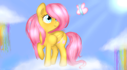 Size: 1112x612 | Tagged: safe, artist:flarities, fluttershy, butterfly, g4, cloud, cloudy, cute, female, rainbows, sky, solo