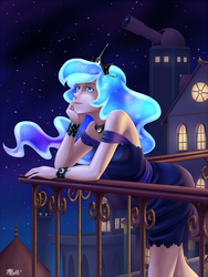 Size: 500x666 | Tagged: dead source, safe, artist:7nights, princess luna, human, g4, balcony, cute, ethereal mane, female, glowing, humanized, lunabetes, night, observatory, solo, starry night, stars