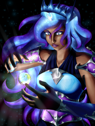 Size: 500x666 | Tagged: safe, artist:7nights, nightmare moon, human, g4, earth, female, giantess, glowing, humanized, in goliath's palm, macro, solo