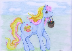 Size: 1600x1139 | Tagged: safe, artist:larrachersan, morning dawn delight, bird, earth pony, pony, rabbit, g2, g3, animal, basket, easter egg, female, heart, mouth hold, photo, solo, traditional art