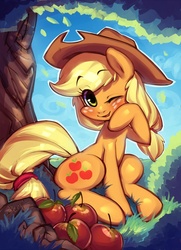 Size: 578x800 | Tagged: safe, artist:hallogreen, applejack, earth pony, pony, g4, apple, applejack's hat, blushing, cheek squish, cowboy hat, cute, eyebrows, eyebrows visible through hair, female, hat, jackabetes, looking at you, mare, one eye closed, sitting, smiling, smiling at you, solo, squishy cheeks, tree, under the tree, wink, winking at you