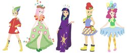 Size: 3800x1600 | Tagged: safe, artist:thelivingmachine02, applejack, fluttershy, pinkie pie, rainbow dash, twilight sparkle, human, g4, suited for success, clothes, constellation dress, dress, female, gala dress, humanized, skirt