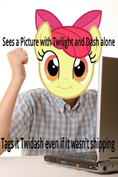 Size: 728x1092 | Tagged: safe, apple bloom, rainbow dash, twilight sparkle, g4, caption, computer, exploitable meme, female, first day brony, image macro, laptop computer, lesbian, meme, ship:twidash, shipping, tags, text