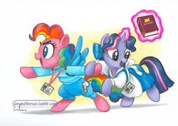 Size: 800x565 | Tagged: safe, artist:amy mebberson, pinkie pie, rainbow dash, twilight sparkle, g4, official, badge, book, clothes, con badge, cosplay, costume, magic, san diego comic con, telekinesis, traditional art