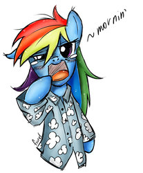 Size: 631x762 | Tagged: safe, artist:fiarel, rainbow dash, pegasus, pony, g4, bed mane, blushing, clothes, colored, female, floppy ears, mare, messy mane, morning ponies, one ear down, open mouth, pajamas, signature, simple background, solo, white background, yawn