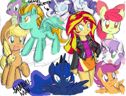 Size: 1670x1275 | Tagged: safe, artist:danmakuman, apple bloom, applejack, lightning dust, princess luna, rarity, scootaloo, spike, sunset shimmer, sweetie belle, alicorn, dragon, earth pony, human, pegasus, pony, unicorn, equestria girls, g4, clothes, cutie mark crusaders, humanized, miniskirt, sketch dump, skirt