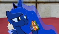 Size: 594x349 | Tagged: safe, artist:2snacks, screencap, princess luna, two best sisters play, g4, cannibalism, cheek bulge, crayon, cute, eating, female, glue, male, pica, portal (valve), portal 2, ralph wiggum, solo, the simpsons