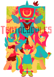 Size: 900x1291 | Tagged: safe, artist:tentacuddles, fluttershy, rainbow dash, scootaloo, pony, g4, bipedal, flcl