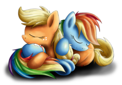 Size: 1100x773 | Tagged: safe, artist:xioade, applejack, rainbow dash, g4, cuddling, female, lesbian, ship:appledash, shipping, sleeping, snuggling