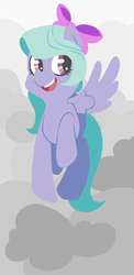 Size: 489x1000 | Tagged: safe, artist:coggler, flitter, pegasus, pony, g4, bow, cloud, female, full body, hair bow, mare, open mouth, open smile, raised hoof, smiling, solo, spread wings, wings