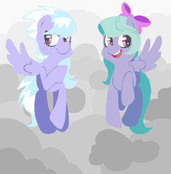 Size: 978x1000 | Tagged: safe, artist:coggler, cloudchaser, flitter, g4, :d, cloud, duo, flying, front view, full body, happy, looking away, one wing out, open mouth, open smile, raised hoof, side by side, smiling, wings