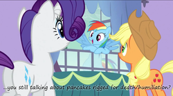 Size: 1064x596 | Tagged: safe, edit, edited screencap, screencap, applejack, rainbow dash, rarity, earth pony, pegasus, pony, unicorn, g4, spike at your service, butt, implied death, insane pony thread, it's a trap, pancakes, plot, tumblr, window