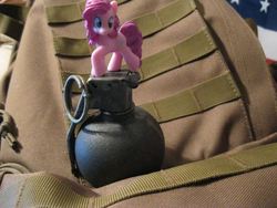 Size: 640x480 | Tagged: safe, pinkie pie, g4, blind bag, figure, grenade, irl, military, photo, run for your lives, toy