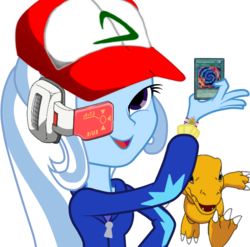 Size: 725x716 | Tagged: safe, trixie, agumon, equestria girls, g4, my little pony equestria girls, ash ketchum, baseball cap, cap, digimon, dragon ball, dragon ball z, exploitable meme, hat, humanized, look what trixie found, meme, object dissonance, pokémon, scanner, scouter, simple background, transparent background, vegeta, yu-gi-oh!