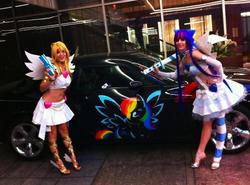 Size: 949x701 | Tagged: safe, rainbow dash, human, g4, anarchy panty, anarchy stocking, belly button, car, clothes, cosplay, irl, irl human, itasha, midriff, panty and stocking with garterbelt, photo, skirt