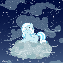Size: 9044x9042 | Tagged: safe, artist:silverarrow87, oc, oc only, oc:snowdrop, pegasus, pony, absurd resolution, cloud, cloudy, looking up, lying down, lying on a cloud, night, night sky, on a cloud, pegasus oc, sky, snow, snowfall, snowflake, solo, wings