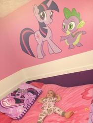 Size: 1983x2644 | Tagged: safe, spike, twilight sparkle, human, g4, bed, irl, irl human, photo, pillow, target demographic