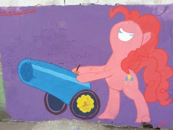 Size: 3264x2448 | Tagged: safe, artist:theresky, pinkie pie, g4, female, graffiti, party cannon, solo, street art