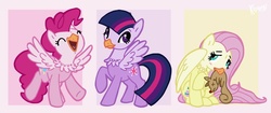 Size: 852x357 | Tagged: safe, artist:kiguren, fluttershy, pinkie pie, twilight sparkle, hippogriff, g4, cute, diapinkes, eyes closed, frown, happy, hippo pie, hippogriffied, hipposhy, looking up, mouth hold, open mouth, raised hoof, sad, shyabetes, sitting, smiling, species swap, spread wings, wings