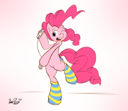 Size: 980x848 | Tagged: safe, artist:datponypl, pinkie pie, earth pony, pony, g4, action pose, bipedal, clothes, dancing, female, game, socks, solo, striped socks, wii