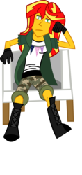 Size: 908x1916 | Tagged: safe, artist:jewelsfriend, sunset shimmer, equestria girls, g4, chair, crossover, eli, female, horn, konami, liquid snake, metal gear, metal gear solid, metal gear solid 5, solo