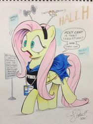 Size: 769x1024 | Tagged: safe, artist:andypriceart, fluttershy, pegasus, pony, g4, badge, batman, cape, clothes, comic con, convention, costume, cowl, dialogue, fan, fangirl, female, fringe, headband, id card, mare, open mouth, parody, san diego comic con, sign, signature, solo, speech bubble, star trek, star trek (tos), star wars, text, tie fighter, traditional art, uss enterprise