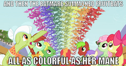 Size: 670x351 | Tagged: safe, apple bloom, granny smith, rainbow dash, fruit bat, g4, batman, image macro