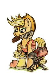 Size: 530x737 | Tagged: safe, artist:uglyapple, applejack, g4, apple, crossover, cute, engineer, engineer (tf2), female, mouth hold, solo, team fortress 2, turret, wrench