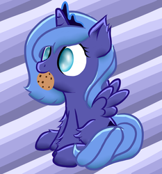 Size: 1030x1105 | Tagged: safe, artist:futaku, princess luna, g4, cookie, cute, female, filly, mouth hold, solo, woona
