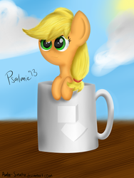 Size: 1500x2000 | Tagged: safe, applejack, earth pony, pony, g4, coffee, cup, cup of pony, female, green eyes, smiling, smirk, solo, sugarcube