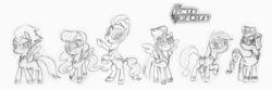 Size: 1607x536 | Tagged: safe, artist:syggie, applejack, fili-second, fluttershy, mistress marevelous, pinkie pie, radiance, rainbow dash, rarity, saddle rager, twilight sparkle, zapp, alicorn, pony, g4, season 4, female, goggles, mare, masked matter-horn costume, monochrome, power ponies, speculation, twilight sparkle (alicorn)