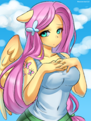 Size: 700x933 | Tagged: safe, artist:racoonsan, fluttershy, equestria girls, adorasexy, alternative cutie mark placement, ambiguous facial structure, big breasts, breasts, busty fluttershy, clothes, cute, cutie mark, cutie mark on equestria girl, eared humanization, female, floppy ears, hands on breasts, ponied up, pony coloring, sexy, shyabetes, sleeveless, solo, tanktop, winged humanization, wings