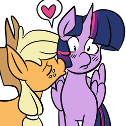 Size: 1000x1000 | Tagged: dead source, safe, artist:fauxsquared, applejack, twilight sparkle, alicorn, pony, trixie is magic, g4, bedroom eyes, female, kissing, lesbian, mare, out of context, ship:twijack, shipping, twilight sparkle (alicorn)