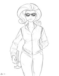 Size: 1011x1309 | Tagged: safe, artist:megasweet, rarity, human, g4, clothes, drive, female, hammer, humanized, jacket, monochrome, pants, parody, scene parody, solo, sunglasses