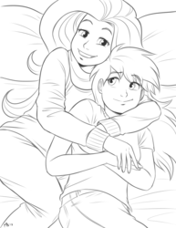 Size: 1011x1309 | Tagged: safe, artist:megasweet, fluttershy, rainbow dash, human, g4, bed, clothes, cuddling, female, hug, humanized, lesbian, lineart, monochrome, ship:flutterdash, shipping, snuggling, sweater, sweatershy