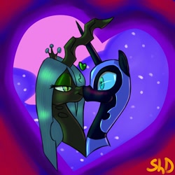 Size: 1280x1280 | Tagged: safe, artist:shdingo, nightmare moon, queen chrysalis, alicorn, changeling, changeling queen, pony, g4, bedroom eyes, boop, crown, duo, eye contact, female, heart, jewelry, kiss on the lips, kissing, lesbian, noseboop, regalia, ship:chrysmoon, shipping, smiling, surprise kiss, surprised, wide eyes