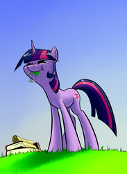 Size: 1157x1582 | Tagged: safe, artist:underpable, twilight sparkle, pony, unicorn, g4, book, cute, eating, female, flower, grass, grazing, herbivore, horses doing horse things, mare, nom, paper, scroll, smiling, solo, standing, twiabetes, unicorn twilight