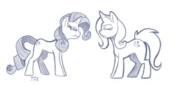 Size: 1280x625 | Tagged: safe, artist:bluntwhiskey, rarity, trixie, pony, unicorn, g4, duo, duo female, eye contact, female, glare, lidded eyes, looking at each other, mare, monochrome