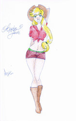 Size: 709x1126 | Tagged: safe, artist:wilhelminka, applejack, human, g4, belly button, female, humanized, midriff, solo, traditional art