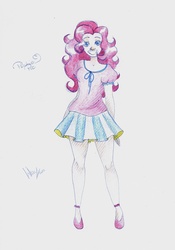 Size: 748x1067 | Tagged: safe, artist:wilhelminka, pinkie pie, human, g4, clothes, female, high heels, humanized, skirt, solo, traditional art