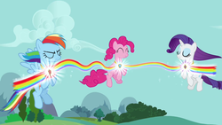 Size: 640x360 | Tagged: safe, screencap, pinkie pie, rainbow dash, rarity, g4, keep calm and flutter on, element of generosity, element of laughter, element of loyalty, elements of harmony