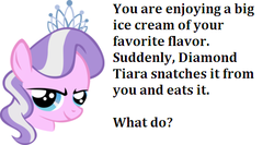 Size: 469x250 | Tagged: safe, diamond tiara, g4, bronybait, female, grin, ice cream, meme, solo, text, what do